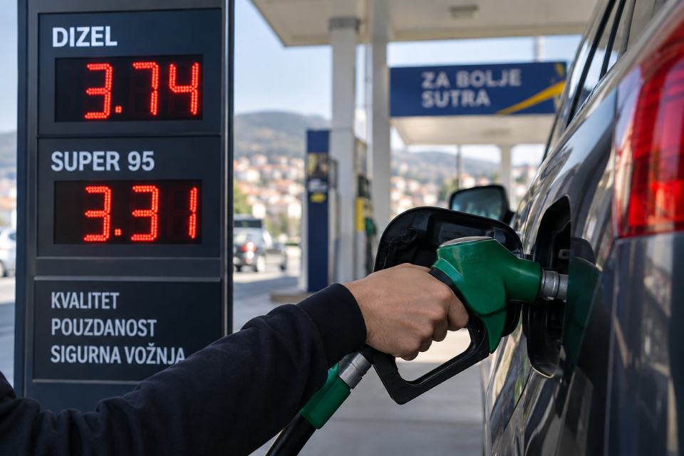 Novi udar na vozače u BiH. Točenje goriva na benzinskoj pumpi uz prikazane cijene dizela i benzina – ilustrativni vizual