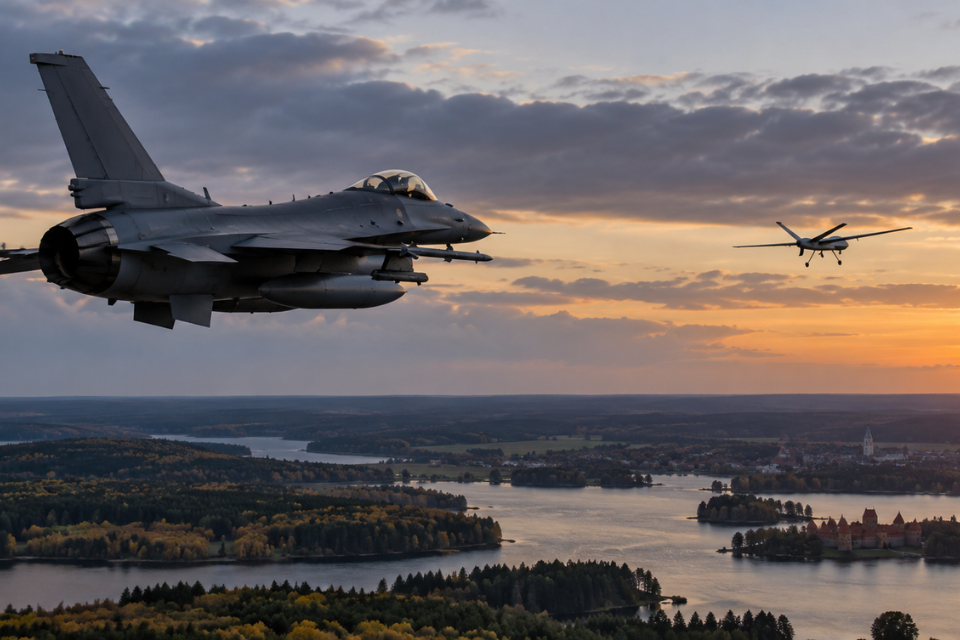 Drama na granici NATO-a,NATO borbeni avion i dron iznad Litvanije – ilustrativni vizual