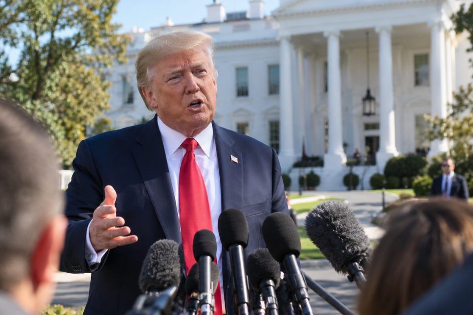 Donald Trump o Srbiji – ilustracija američkog predsjednika tokom obraćanja novinarima ispred Bijele kuće.