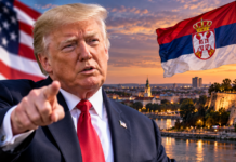 UDARNO! DONALD TRUMP SE OGLASIO O SRBIJI: Njegove riječi odjeknule regionom, ovo je malo ko očekivao! Donald Trump o Srbiji – ilustracija američkog predsjednika uz zastave SAD-a i Srbije.