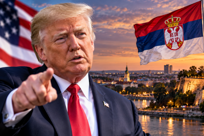 Donald Trump o Srbiji – ilustracija američkog predsjednika uz zastave SAD-a i Srbije.