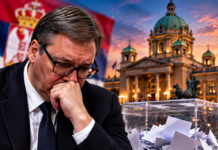 IZBORI U SRBIJI NAPRAVILI POLITIČKI POTRES! Objavljeni novi rezultati, razlika između studenata i SNS-a izazvala veliku pažnju! Izbori u Srbiji 2026 – Aleksandar Vučić zamišljen, uz glasačku kutiju, zastavu Srbije i zgradu Narodne skupštine.