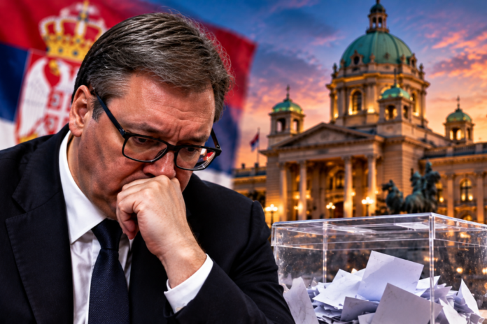 POLITIČKI POTRES U SRBIJI! Objavljeni novi rezultati izbora, razlika između studenata i SNS-a izazvala veliku pažnju! Izbori u Srbiji 2026 – Aleksandar Vučić zamišljen, uz glasačku kutiju, zastavu Srbije i zgradu Narodne skupštine.
