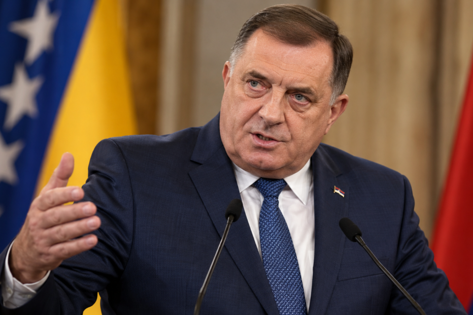 Milorad Dodik tokom obraćanja javnosti – izjava o Bosni i Hercegovini i najava političkih poteza SNSD-a, AI ilustracija.