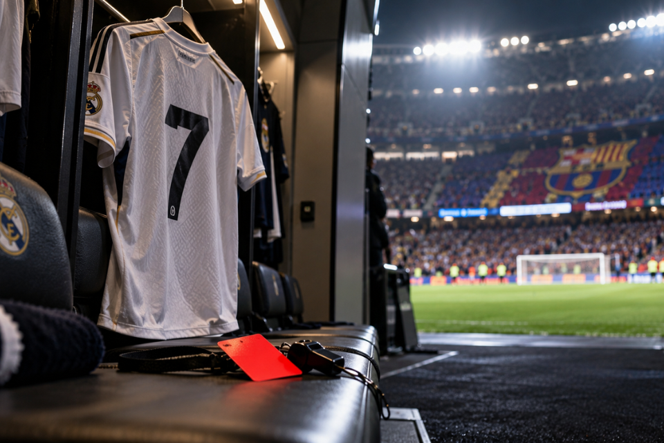 Real Madrid pred El Clasico – ilustracija dresa s brojem sedam i crvenog kartona zbog suspenzije Viníciusa Júniora.