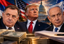 Republika Srpska plaća lobiranje u Americi: Novi detalji o novcu i vezama s Izraelom! Republika Srpska – Milorad Dodik, Donald Trump i Benjamin Netanyahu na ilustraciji o lobiranju u Americi i vezama s Izraelom
