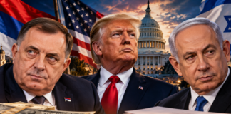 Republika Srpska plaća lobiranje u Americi: Novi detalji o novcu i vezama s Izraelom! Republika Srpska – Milorad Dodik, Donald Trump i Benjamin Netanyahu na ilustraciji o lobiranju u Americi i vezama s Izraelom
