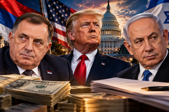 Republika Srpska – Milorad Dodik, Donald Trump i Benjamin Netanyahu na ilustraciji o lobiranju u Americi i vezama s Izraelom