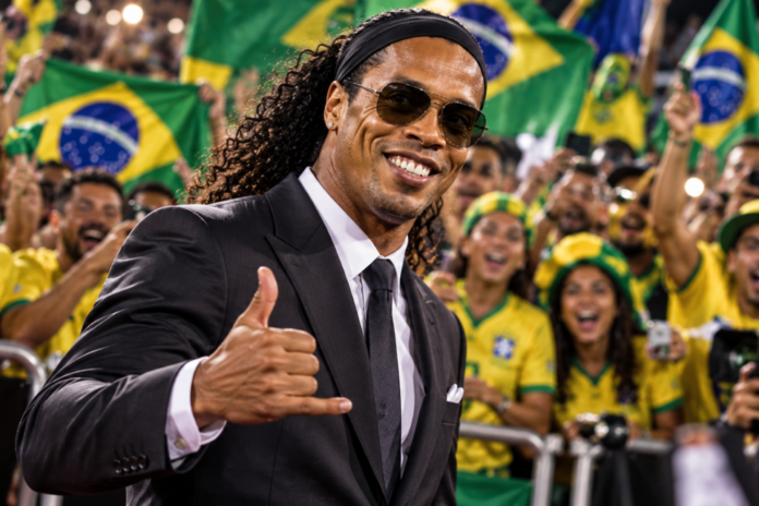 Ronaldinho u odijelu ispred brazilskih navijača – ilustracija povratka fudbalske legende.