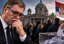UDARNA VIJEST IZ SRBIJE! VUČIĆU STIGAO HLADAN TUŠ PRED IZBORE: Objavljene brojke koje su uzdrmale političku scenu! Vučiću stigao hladan tuš pred izbore – ilustracija Aleksandra Vučića i političke situacije u Srbiji.