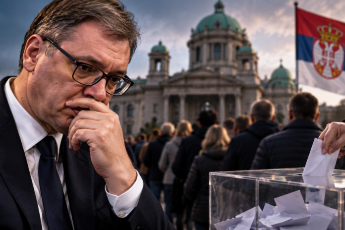 Vučiću stigao hladan tuš pred izbore – objavljene brojke Vučiću stigao hladan tuš pred izbore – ilustracija Aleksandra Vučića i političke situacije u Srbiji.